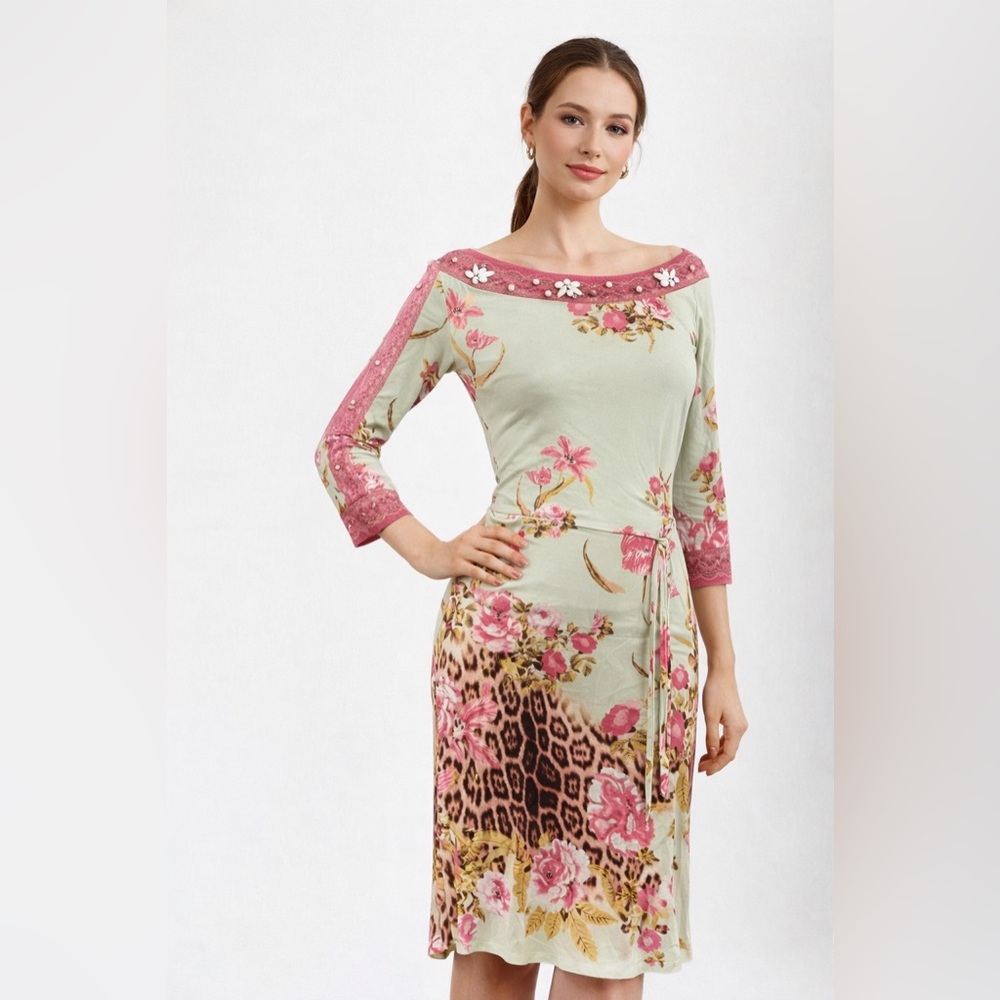 Roberto Cavalli Pink and Light Green Fabric with Flowers and Animal Print